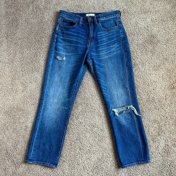 Madewell Denim - Madewell Straight Crop Medium Wash High Rise Distressed Stretch Denim Jeans 28